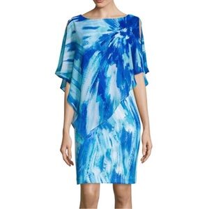 SANDRA DARREN Dress Abstract Watercolor Chiffon Sz. 10 Cape